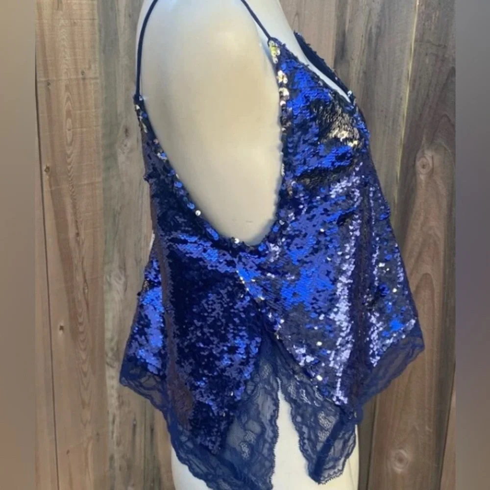 Free People Reversible Blue Silver Sequin Tank Top Small Lace Trim Party